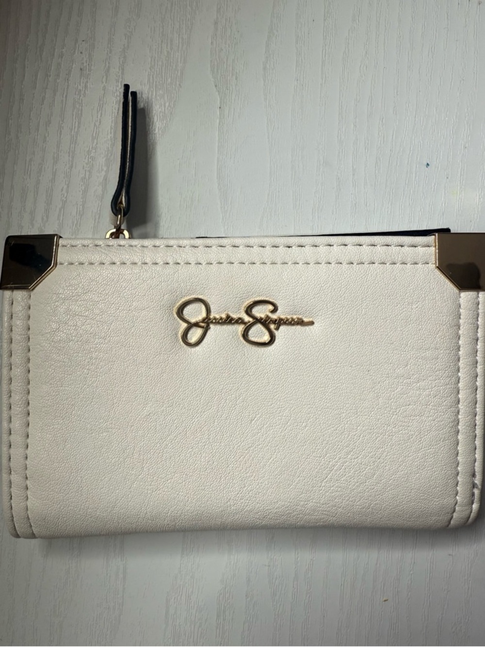 Jessica Simpson White/gold Folding Snap Button Faux Leather wallet Multi Pocket